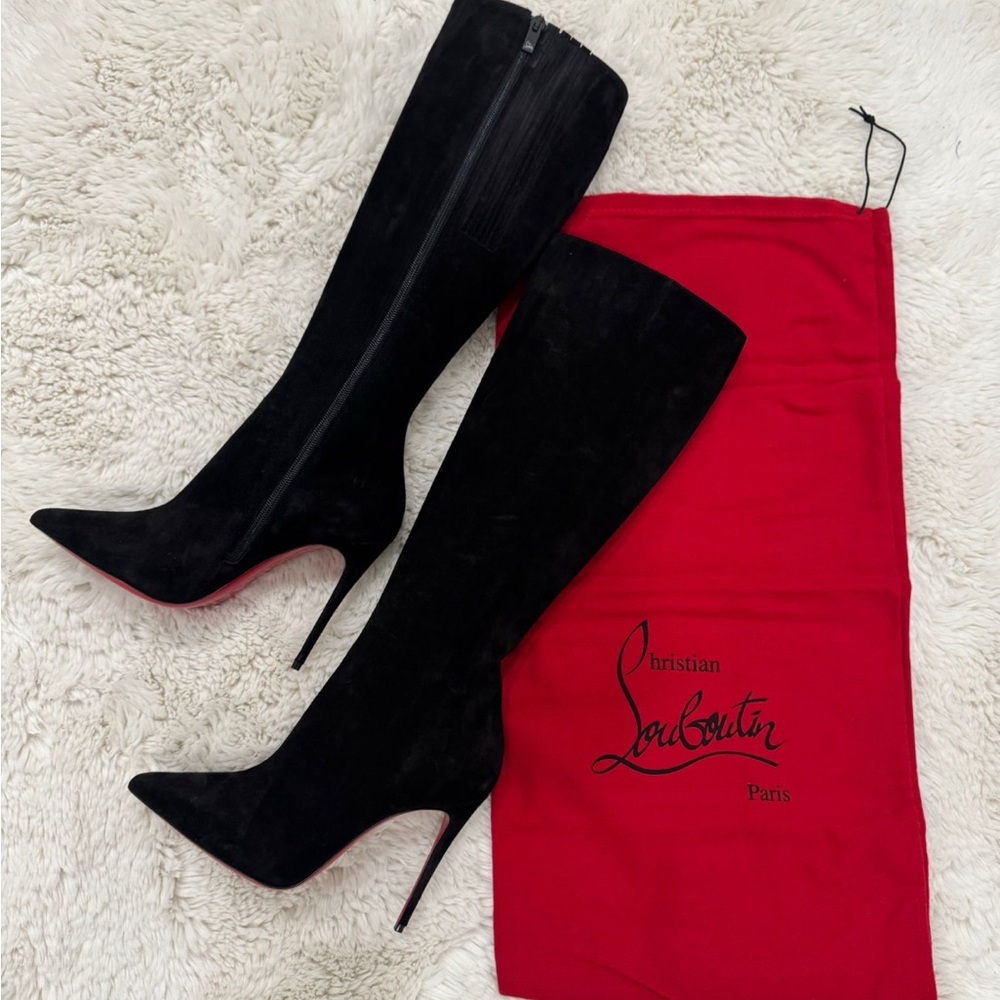 Christian Louboutin Black Suede Knee-High Stiletto Boots with Red Soles